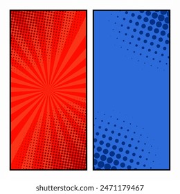 Comicseite Vorlage von bunten Rahmen geteilt durch Linien mit Strahlen, Radial-, Halbton- und Punkteffekten im Pop Art Stil. Vektorillustration