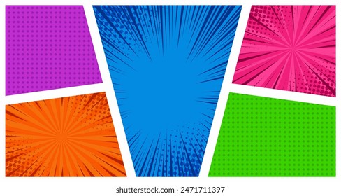 Comic book page template colorful frame divided by lines with rays, radial, halftone and dotted effects in pop art style. Vector illustration