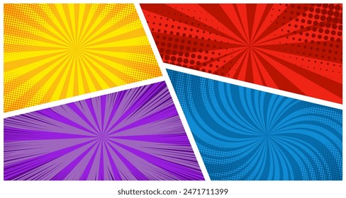 Comicseite Vorlage Bunte Rahmen durch Linien mit Strahlen, Radial-, Halbton- und gepunkteten Effekten im Pop Art Stil unterteilt. Vektorillustration