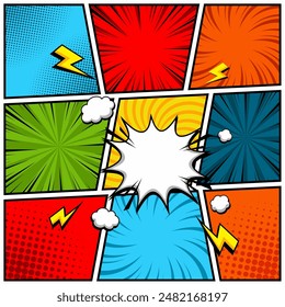 Comic book page template colorful frame divided by lines with rays, radial, halftone and dotted effects in pop art style. Vector illustration