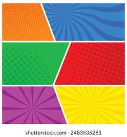 Comic book page template colorful frame, divided with halftone radial effect in pop art style. vector illustration