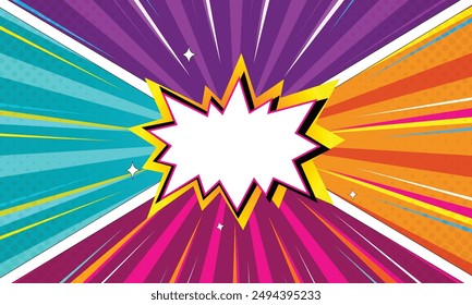 Comic book page template of colorful frames divided by lines with rays, radial, halftone, and dotted effects in pop art style. Vector illustration