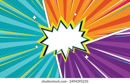 Página de cómic Plantilla de marcos coloridos divididos por líneas con rayos, radiales, medios tonos y efectos punteados en estilo pop art. Ilustración vectorial