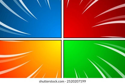 Comic book page template of colorful frames divided by lines with rays radial halftone