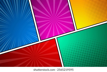 Comic book page template colorful frame divided lines with radial, halftone and dots effect in pop art style. Vector illustration