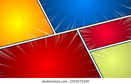 Comic book page template with colorful frames divided by lines with rays, radial, halftone effects, in pop art style. Vector illustration