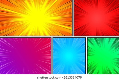Comic book page template with colorful frames divided by lines with rays, radial, halftone effects, in pop art style. Vector illustration