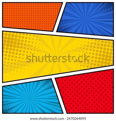 Comic book page template of colorful frames divided by lines with rays, radial, halftone, and dotted effects in pop art style. Vector illustration