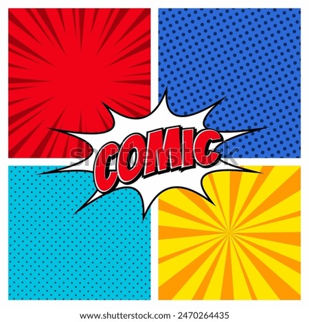 Comic book page template of colorful frames divided by lines with rays  radial  halftone  and dotted effects in pop art style. Vector illustration