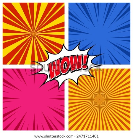 Comic book page template colorful frame divided by lines with rays, radial, halftone and dotted effects in pop art style. Vector illustration