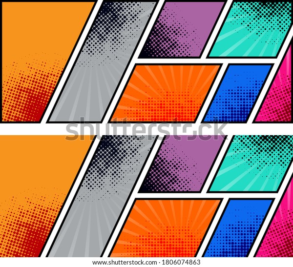 Comic book page template of colorful frames divided\
by lines with rays, radial, halftone, and dotted effects in pop art\
style. Vector illustration. Horizontal layout in diagonal shape of\
element shape