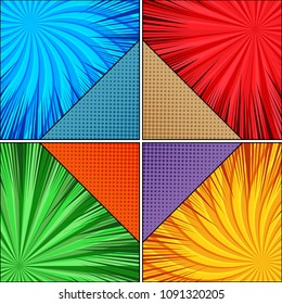 Comic book page template with diamond shape halftone radial and rays effects in bright colors. Vector illustration