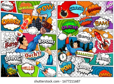 Comic book page template divided by lines with speech bubbles, rocket, superhero and sounds effect. Retro background mock-up. Vector illustration