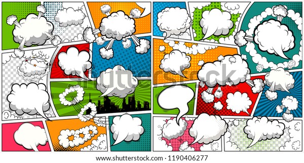 Comic book page template divided by lines\
with speech bubbles. Vector\
illustration