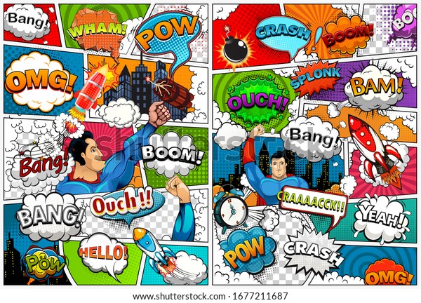 Comic book page template divided by lines\
with speech bubbles, rocket, superhero and sounds effect. Retro\
background mock-up. Vector\
illustration