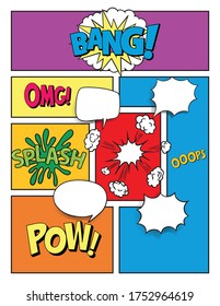 Comic book page template with expressions. Comic sound effect speech bubble