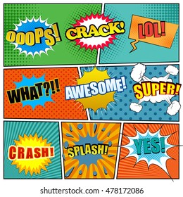 Comic book page template with expressions. Cartoon collection with different exclamations. Vector illustration
