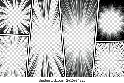Comic book page template with frame divided by lines with radial effect, halftone, pop art style. Vector illustration