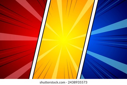 Comic book page template with halftone radial and rays effects in pop art style. Vector illustration