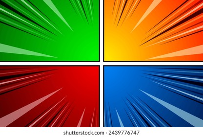 Plantilla de página de libro de historietas con efectos radiales y rayos de medio tono en estilo pop art. Ilustración de vector