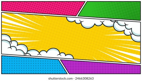 Plantilla de página de cómic con efectos radiales y rayos de medio tono en estilo pop-art. Fondo blanco colorido. Ilustración vectorial