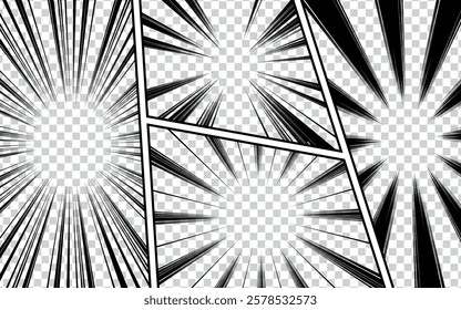Comic book page template with halftone radial and rays effect in pop art style. Vector illustration