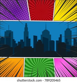 Plantilla de la página del libro de historietas con el paisaje urbano nocturno, radial, rayos y efectos de medio tono en diferentes colores. Estilo pop-art. Ilustración del vector