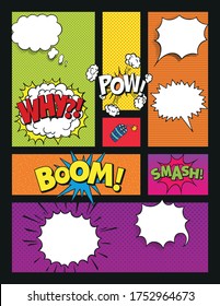Plantilla de página de libro de historietas. Pop Art Style Blank. Elementos de diseño de vectores de libros de historietas retro