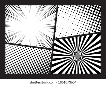 Comic book page template in pop art style. Frames divided by lines with rays, halftone, and dotted effects. Vector illustration