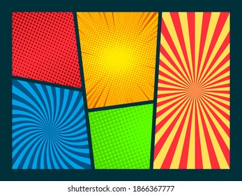 Comic book page template in pop art style. Colorful frames divided by lines with rays, halftone, and dotted effects. Vector illustration