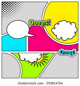 Comic book page template in pop art style. Colorful background with speech bubbles, balloons, sound, symbols, dotted and halftone effects. Vector illustration