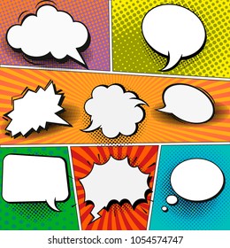 Comic book page template in pop-art style. Colorful background with speech bubbles, balloons, sound, radial, dotted and halftone effects