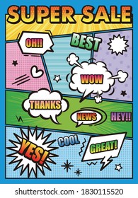 Comic book page template in pop-art style. Retro comic empty speech bubbles set on colorful background. Vector illustration, vintage design, pop art style.