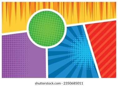 Plantilla de página de libro de historietas en estilo de arte pop. Fondo vacío colorido. Marcos en blanco de color semitono. Ilustración del vector
