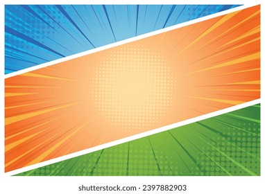 Comic book page template in pop-art style. Colorful empty background. Halftone colored blank frames. Vector illustration