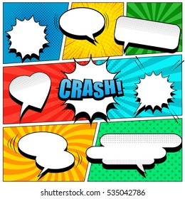 Comic book page template in pop-art style. Colorful background with speech bubbles, balloons, sound, radial, dotted and halftone effects