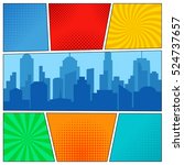 Comic book page template with radial backgrounds, halftone effects and city silhouette in pop-art style. Vector illustration