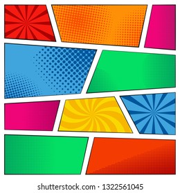 Comic book page template with radial backgrounds, High quality comic book style background. Pop art comic. Cartoon vs. Vector Illustration. Background superhero. Abstract background