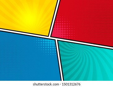Comic book page template with radial halftone effects and rays in pop-art style. Colorful empty background. Vector illustration
