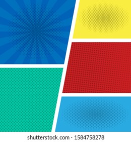 Comic book page template with radial halftone effects and rays in pop-art style. Colorful empty background. Vector illustration