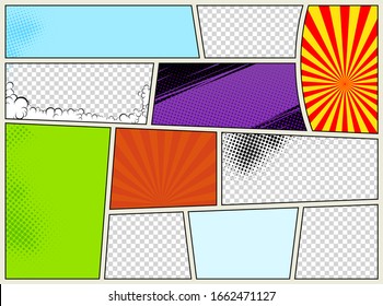 Comic book page template with radial halftone effects and rays in pop-art style. Colorful empty background. Vector illustration