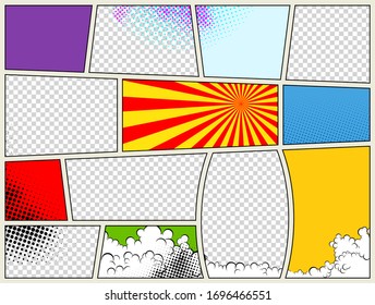 Comic book page template with radial halftone effects and rays in pop-art style. Colorful empty background. Vector illustration