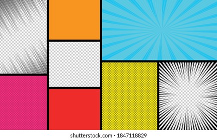 Comic book page template with radial halftone effects and rays in pop-art style. Colorful empty background. Vector illustration