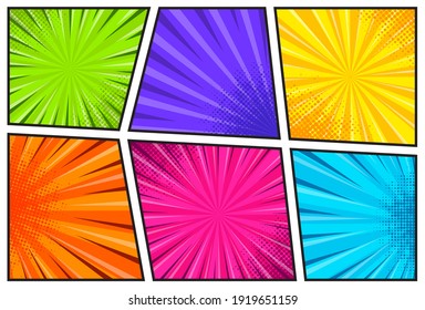 Plantilla de página de libro de historietas con efectos radiales de medio tono y rayos en estilo de arte pop. Fondo vacío colorido. Ilustración del vector