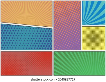 Comic book page template with radial halftone effects and rays in pop-art style. Colorful empty background. Vector illustration