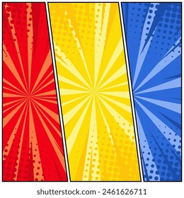Comic book page template with radial halftone effects and rays in pop-art style. Colorful empty background. Vector illustration