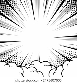 Plantilla de página de cómic con efectos de semitonos radiales y rayos en estilo pop-art. Colorido fondo vacío. Ilustración vectorial
