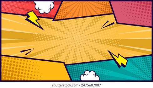 Comic book page template with radial halftone effects and rays in pop-art style. Colorful empty background. Vector illustration