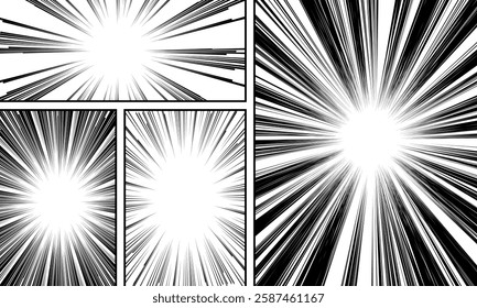 Comic book page template with radial and ray halftone effects in pop art style. Vector illustration