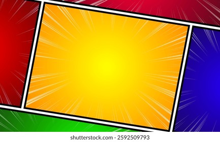 Comic book page template with radial background, halftone effect and pop-art style. Vector illustration